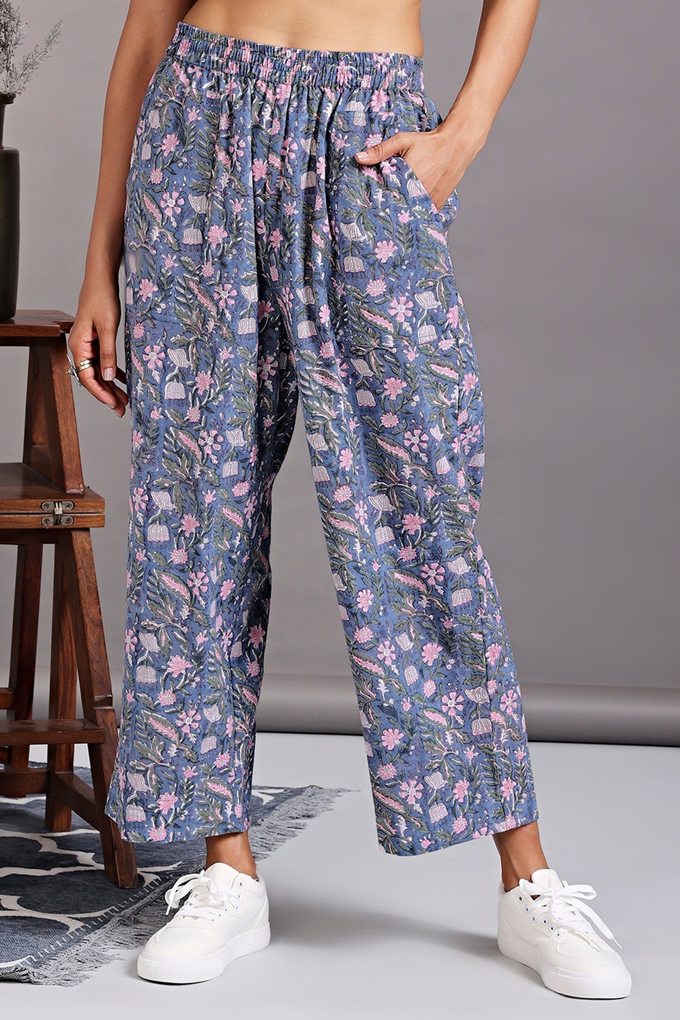 Comfort fit pants - light grey floral linen