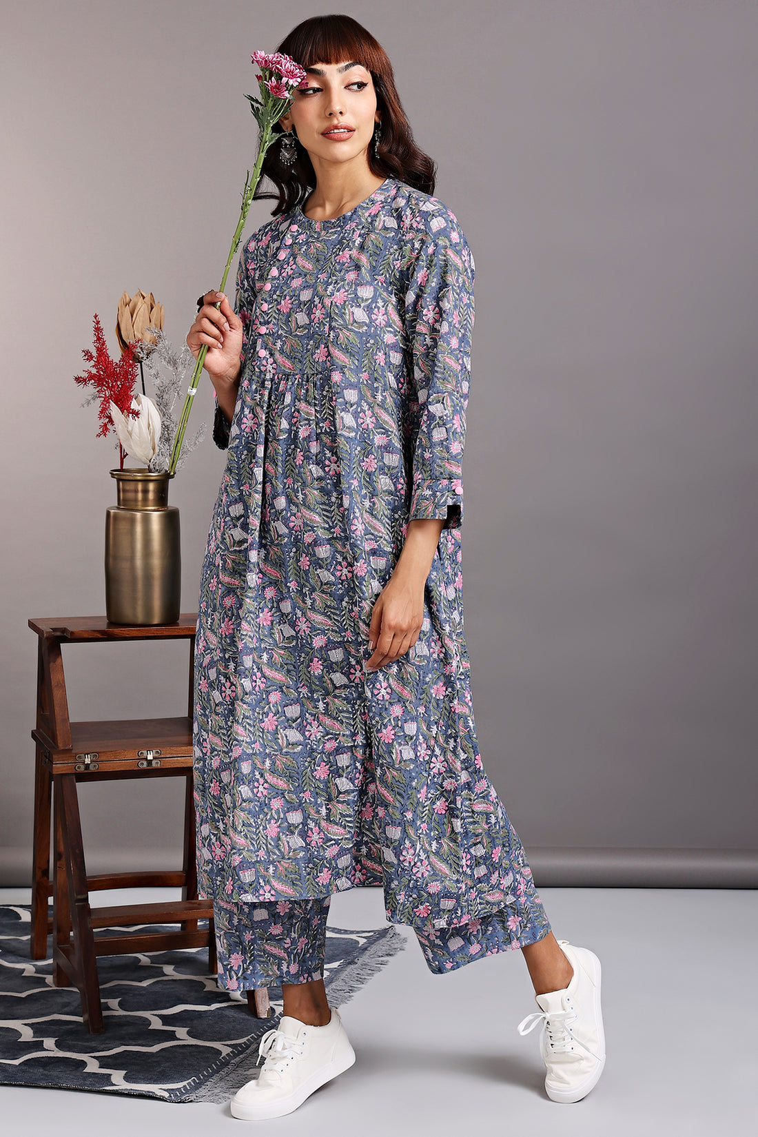 zen yoke gather kurta - irish grey &  bougainvillea bloom