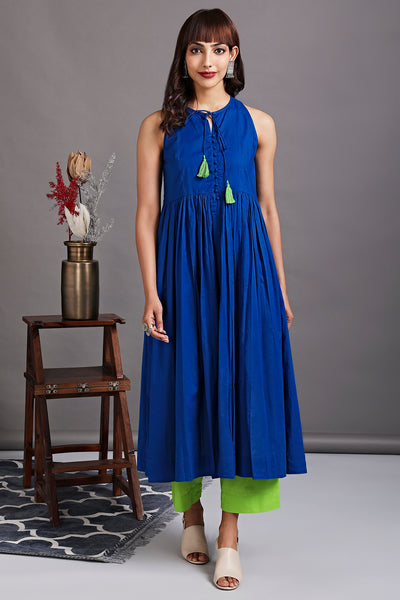 mughal anarkali with tie up jacket and gathers - sapphire blue & shimmering green