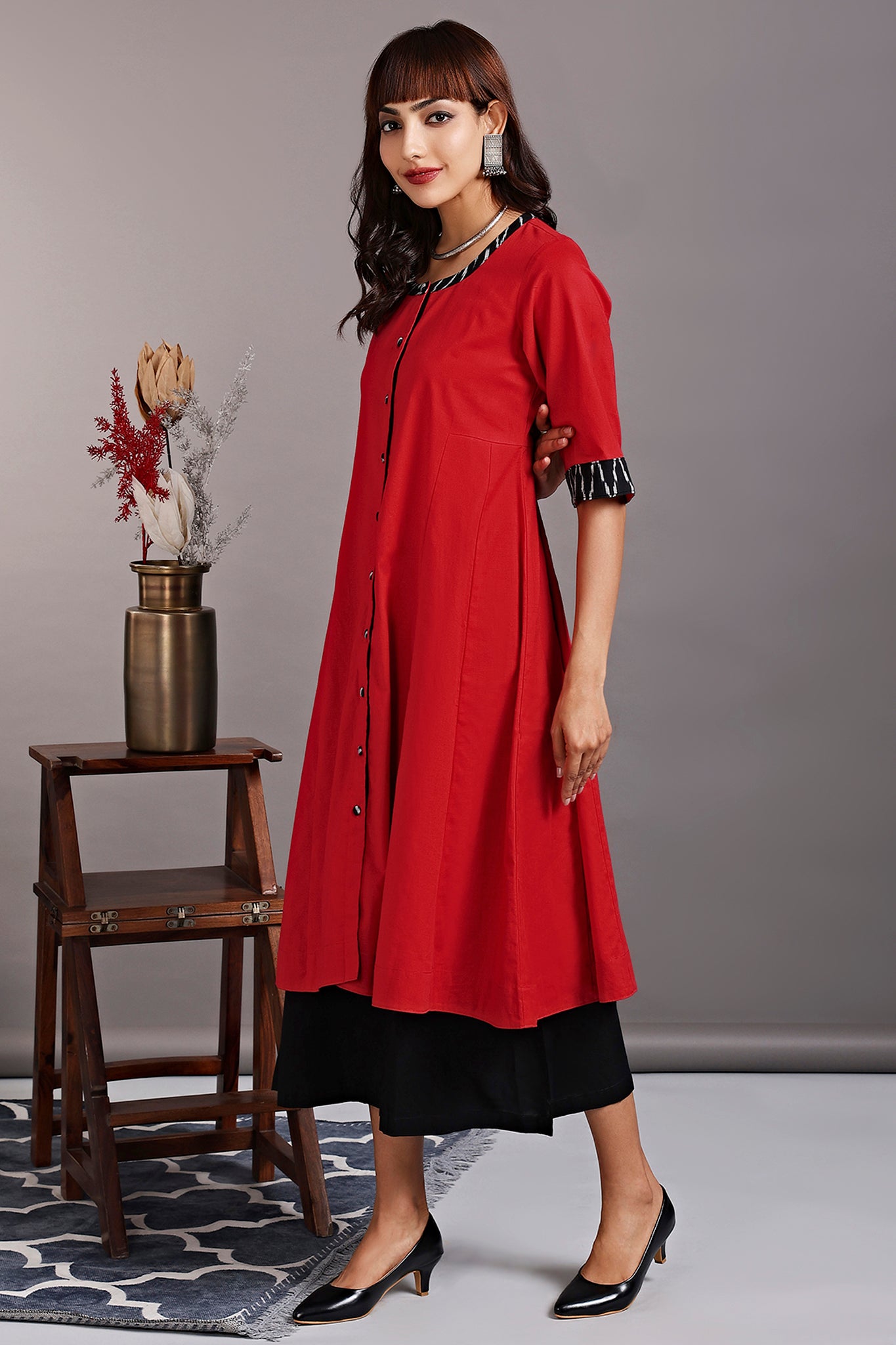 Auburn Red Vine-Trail Button-Down Kurta