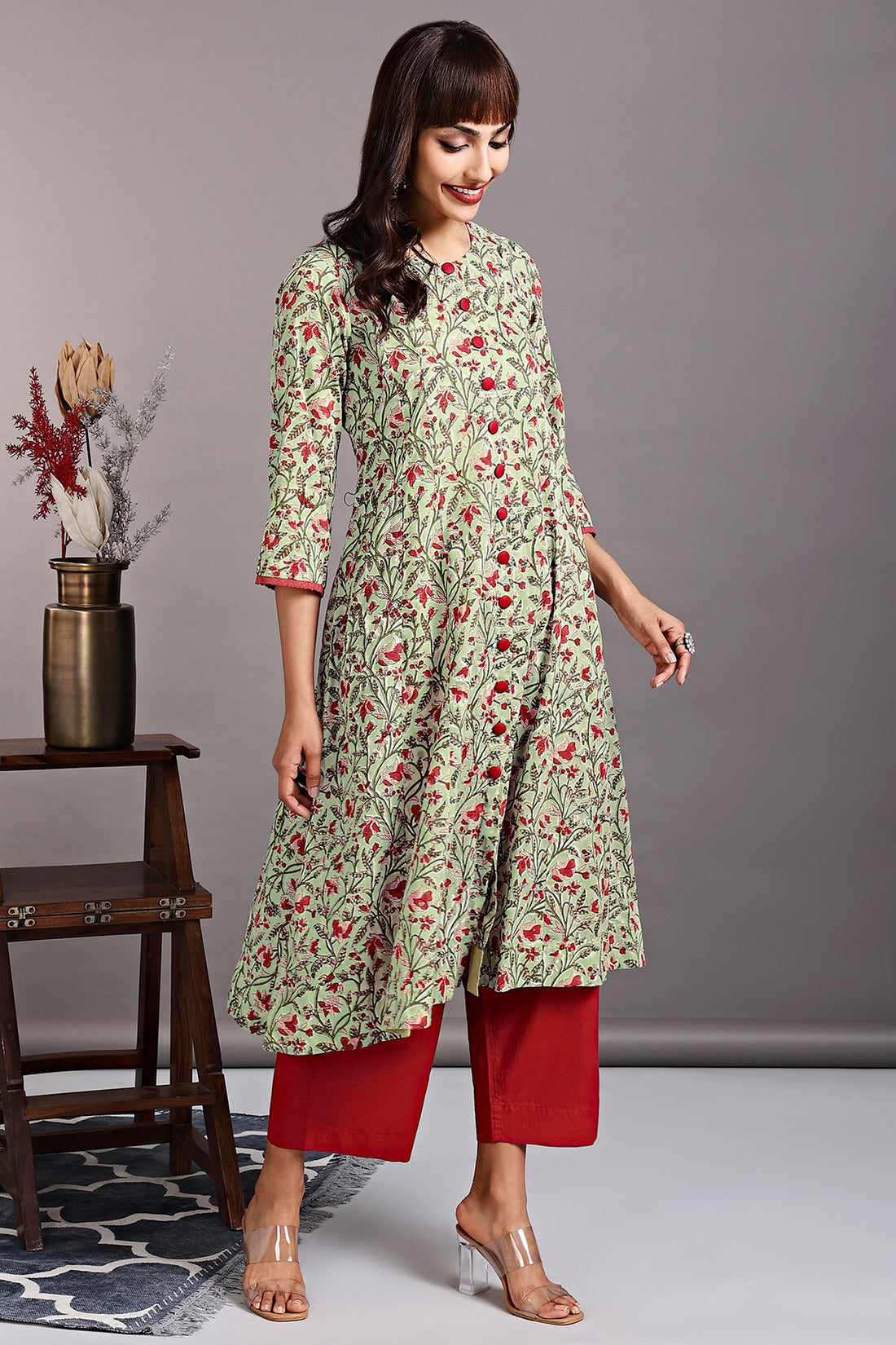 a-line button down kurta - refreshing mint & painter's palette