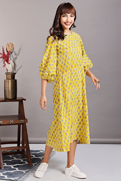 peasant sleeve dress - yellow chrysanthemum & summer songs