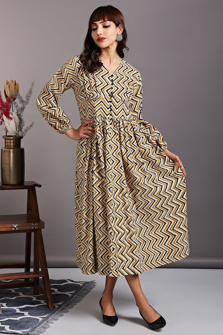 deep neck bust gather dress - tuscan yellow & black chevron
