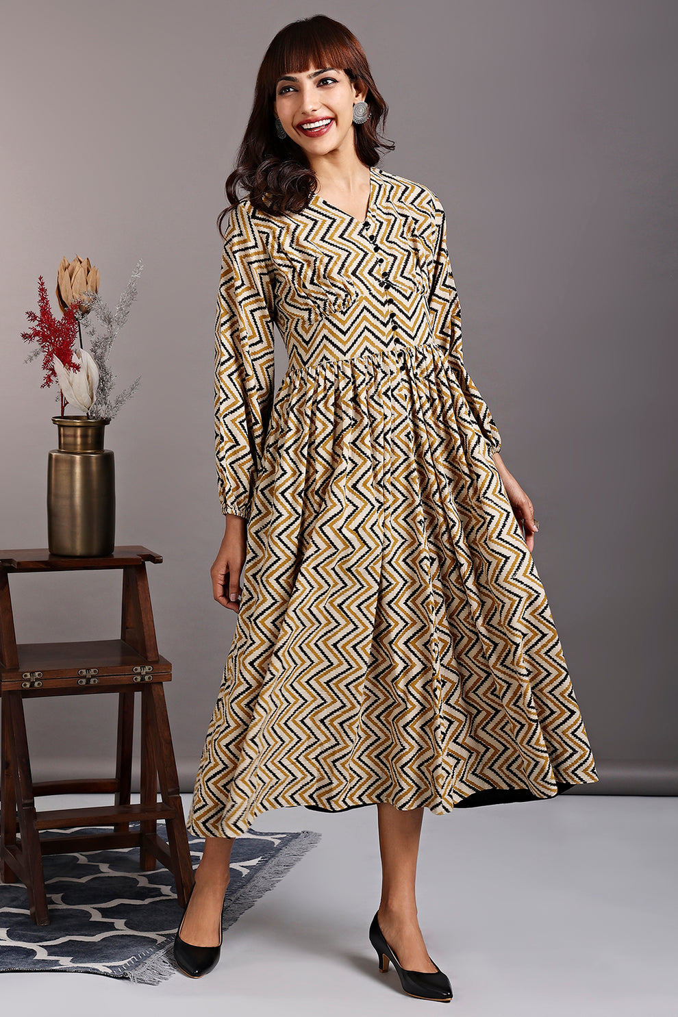 Gathered Bust Cascade Dress with Belt - Red