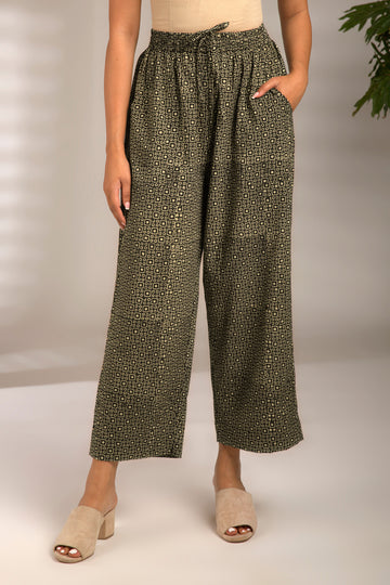 comfort fit cotton printed pants - black beige pattern