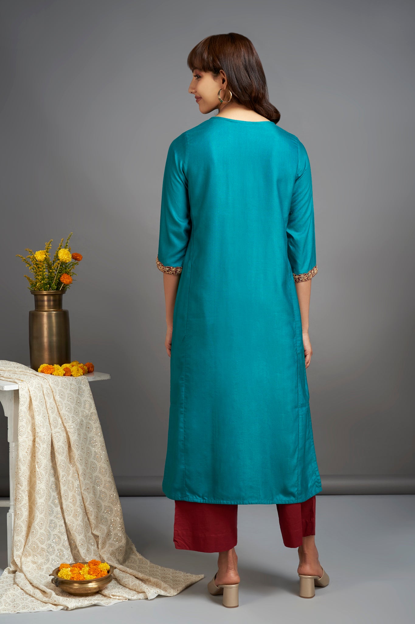 green viscose silk long kurta back view