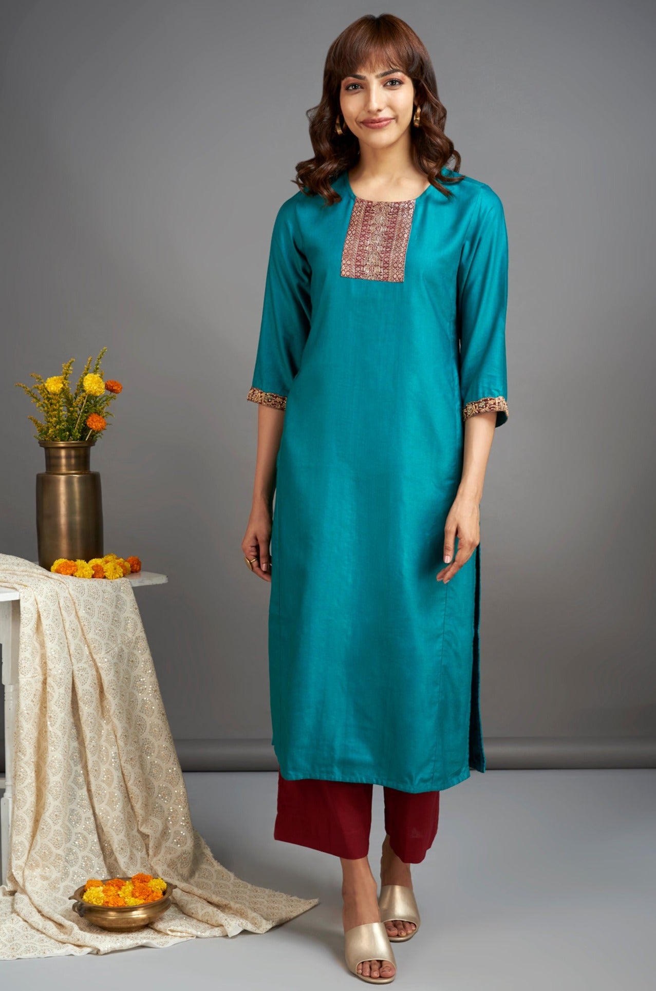 viscose silk long kurta with slit - embellished green