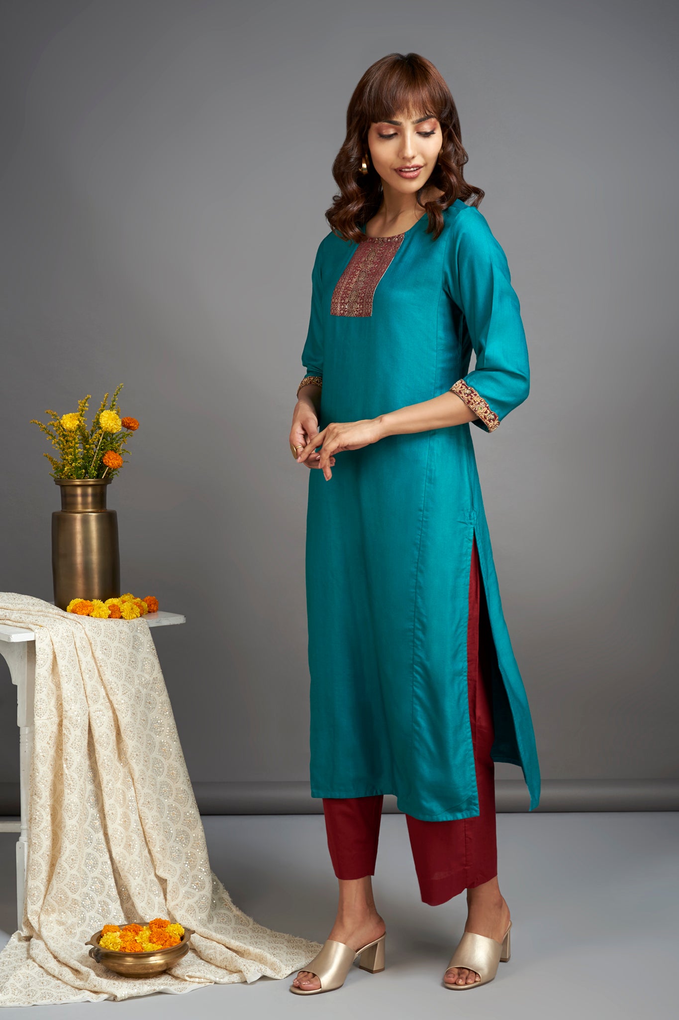 green viscose silk long kurta with red bottom
