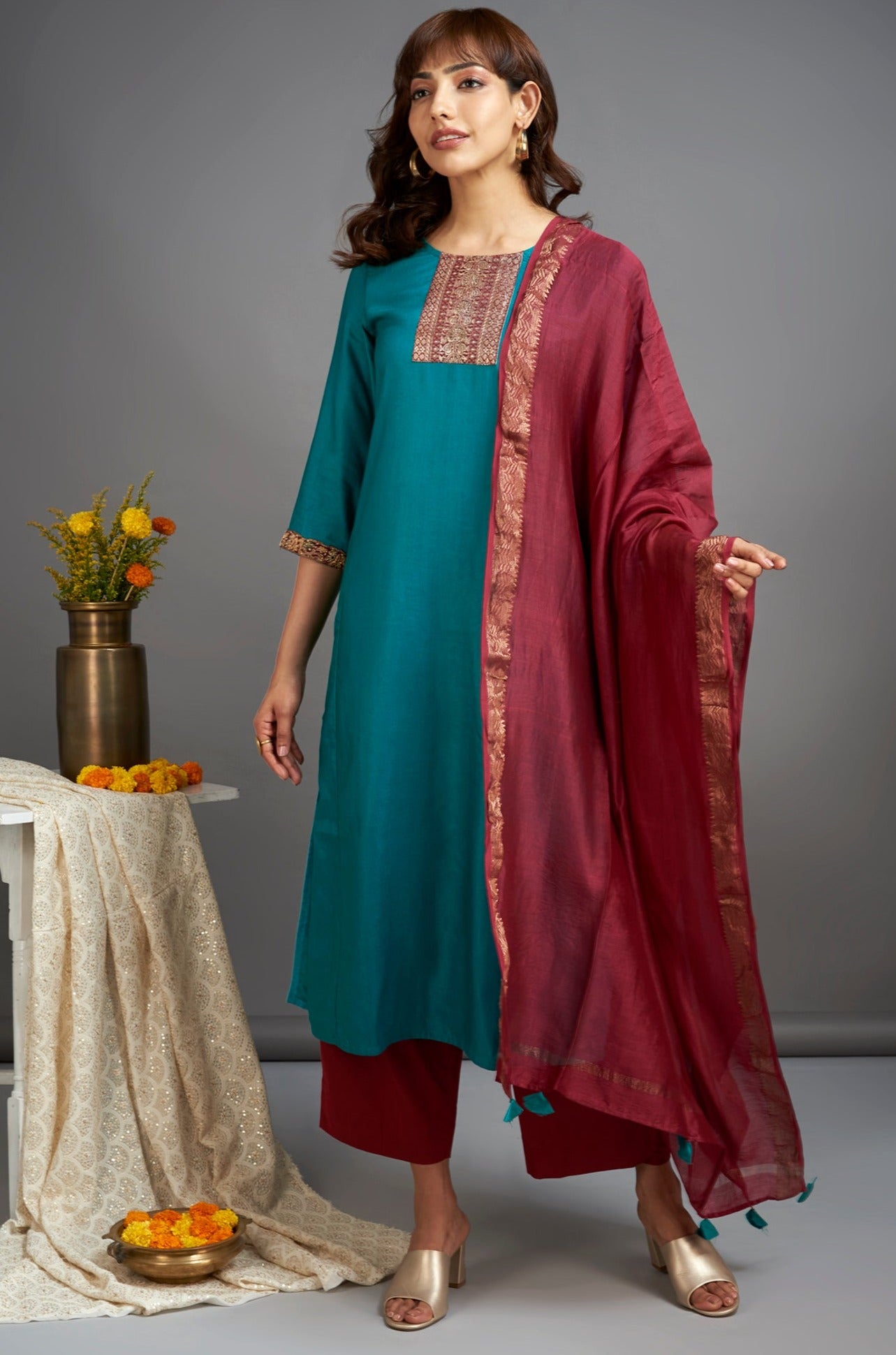 green viscose silk long kurta with red dupatta 