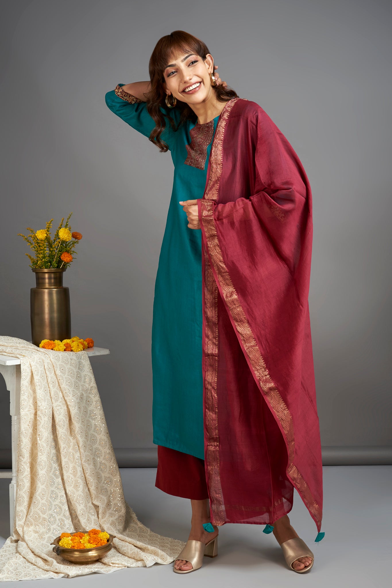 embellished green viscose silk long kurta with red dupatta 