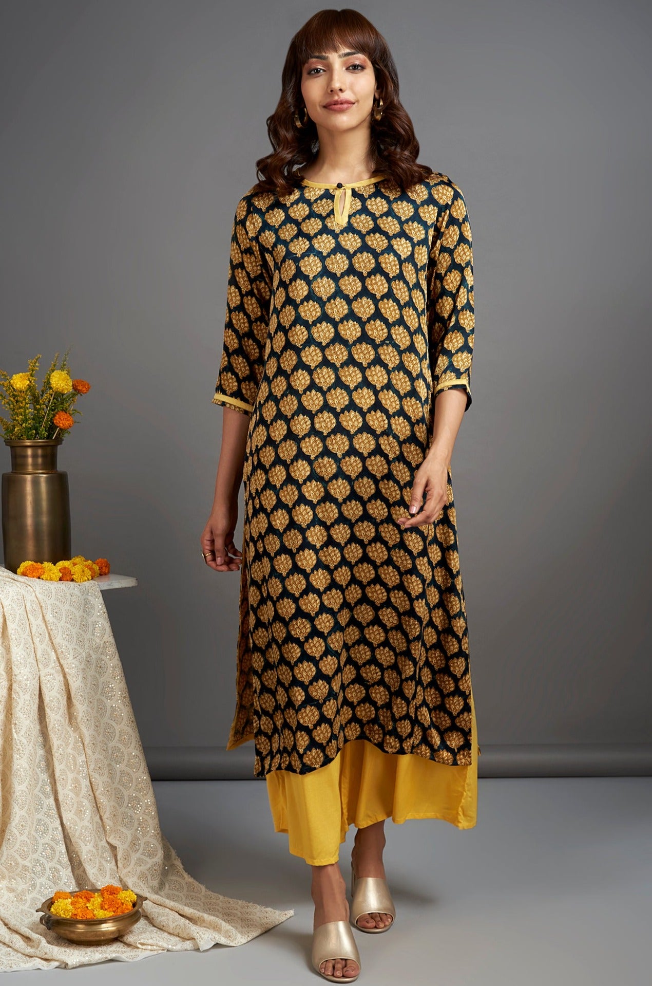 gold leaves print modal silk long kurta with slit