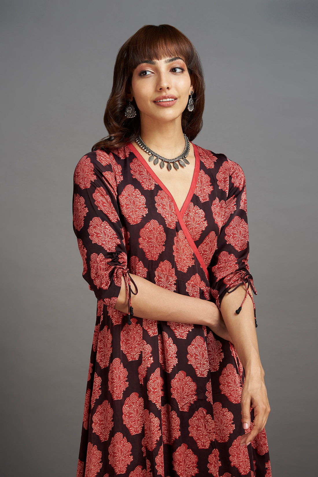 modal silk angrakha kurta - french beret & scarlet begonia