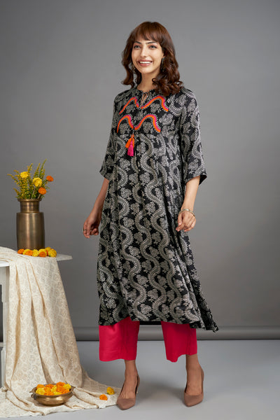 black silk modal kalidar kurta with dori