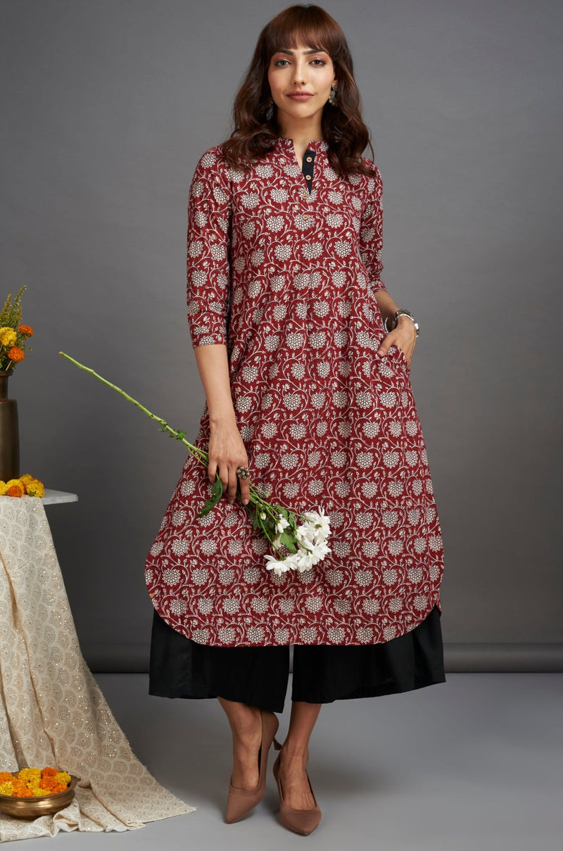 stand collar kurta with round hem - garnet glory & delicate motif
