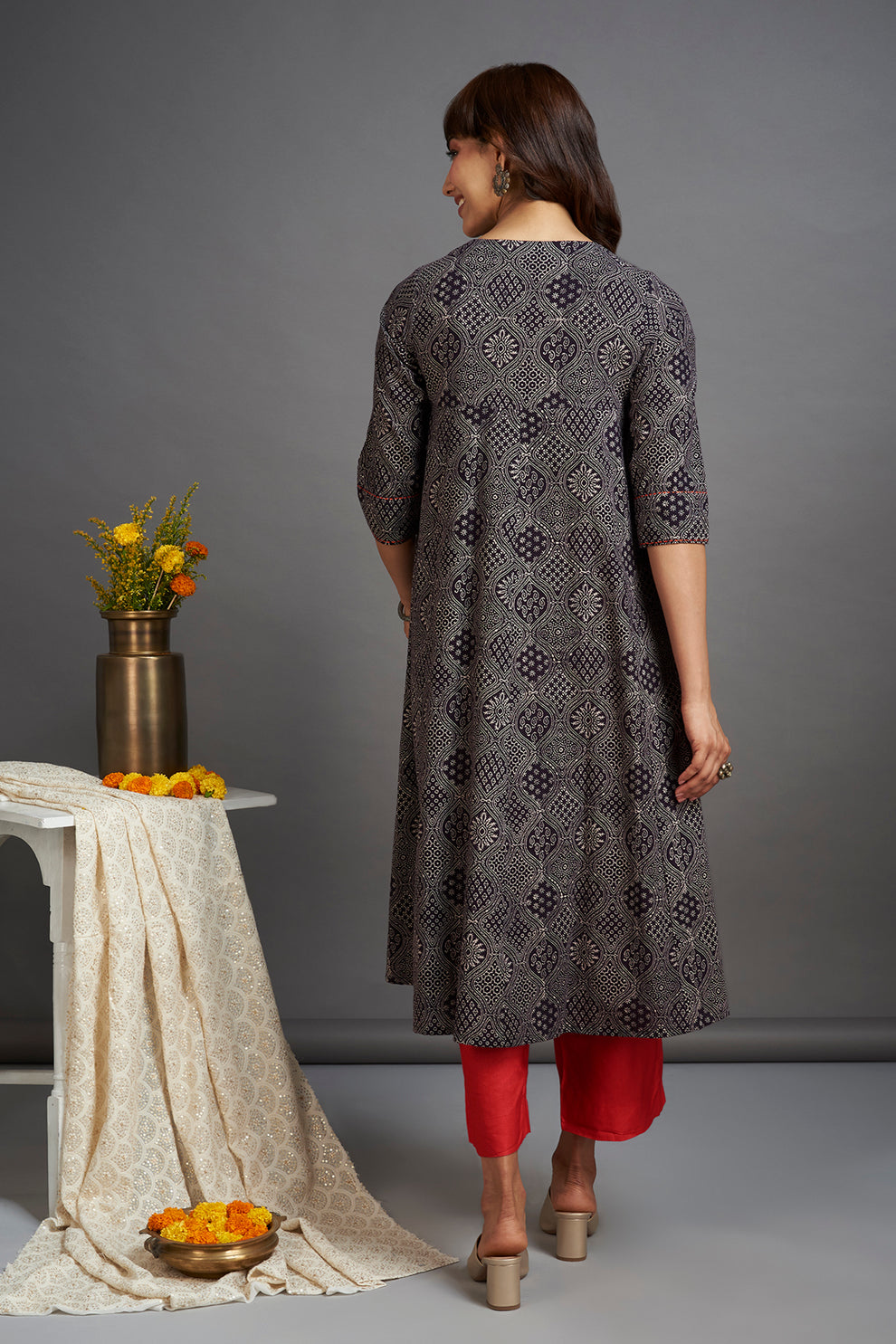 elegant anarkali - starlit night & coquelicot orange