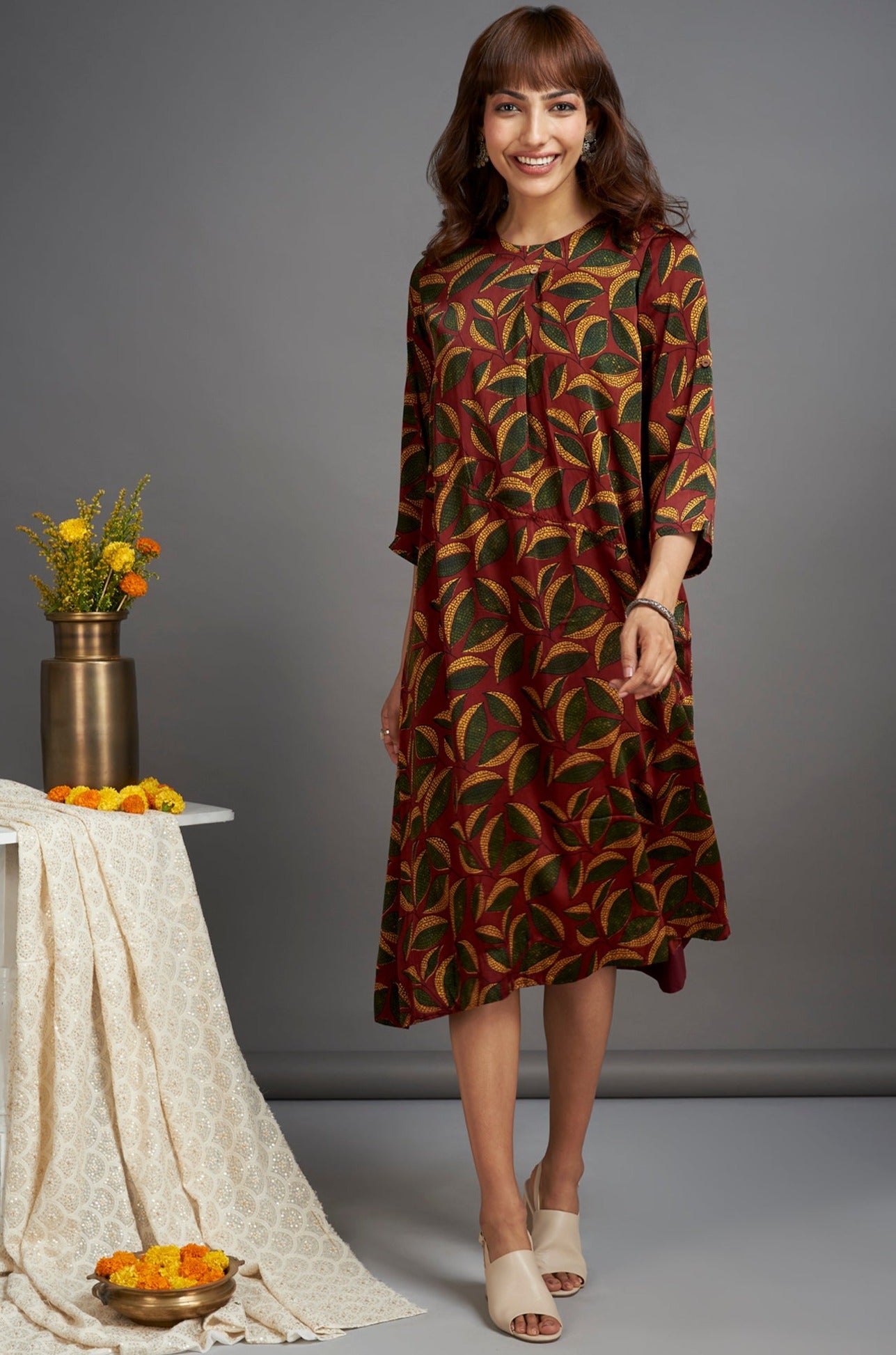 a-line silk dress with patch pocket - illuminating madder & autumn leaves