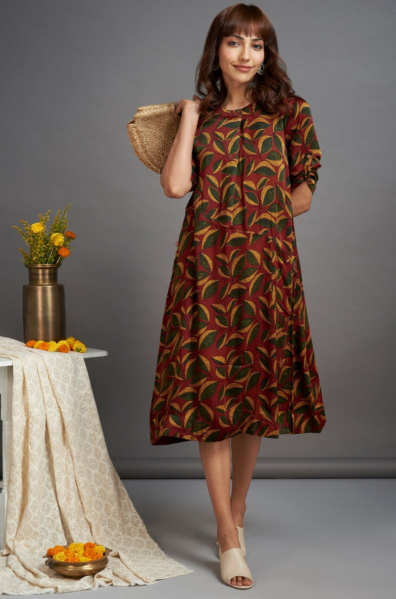 a-line silk dress with patch pocket - illuminating madder & autumn leaves