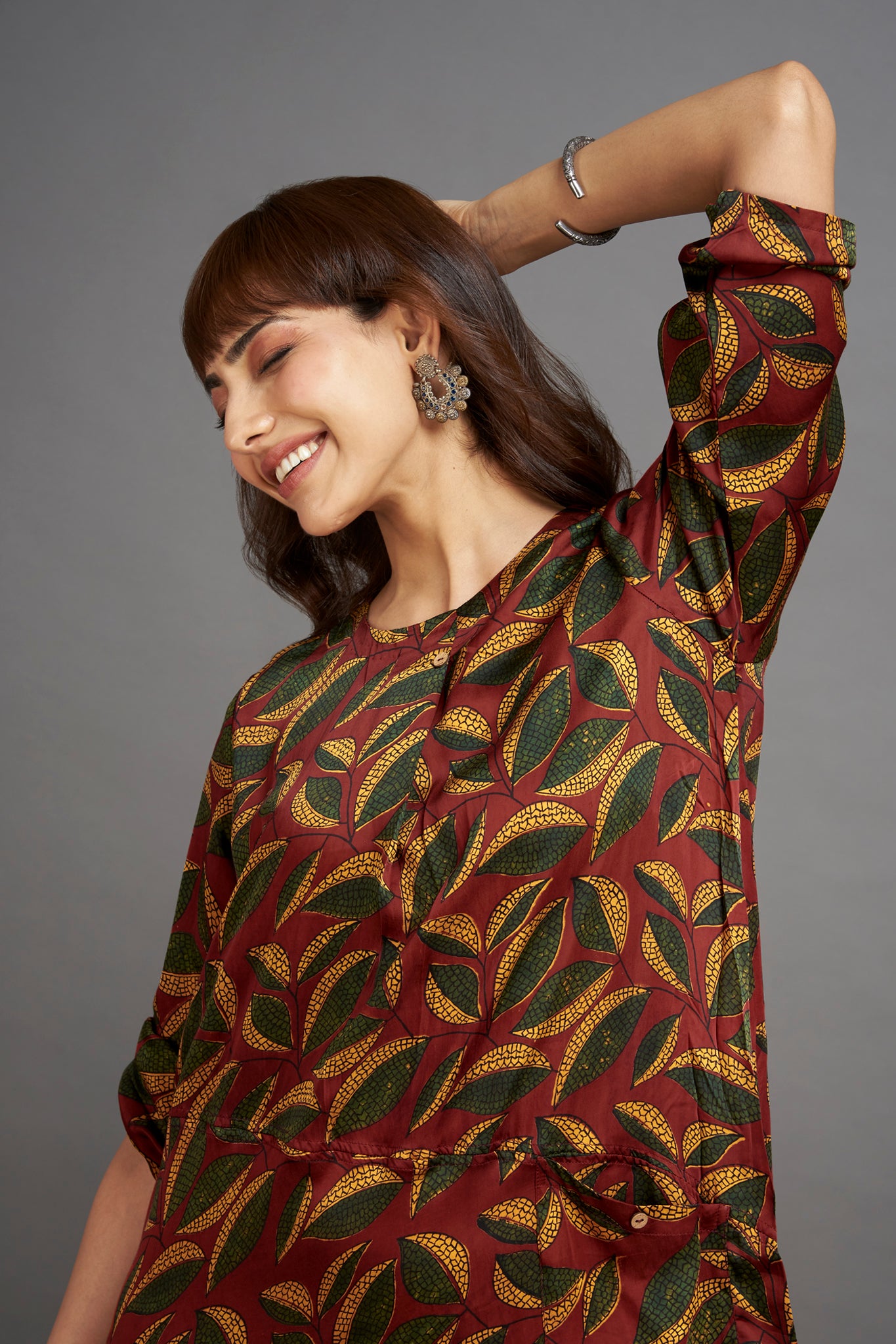 a-line silk dress with patch pocket - illuminating madder & autumn lea -  maati crafts