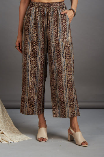 comfort fit cotton printed pants - brown kalamkari lines