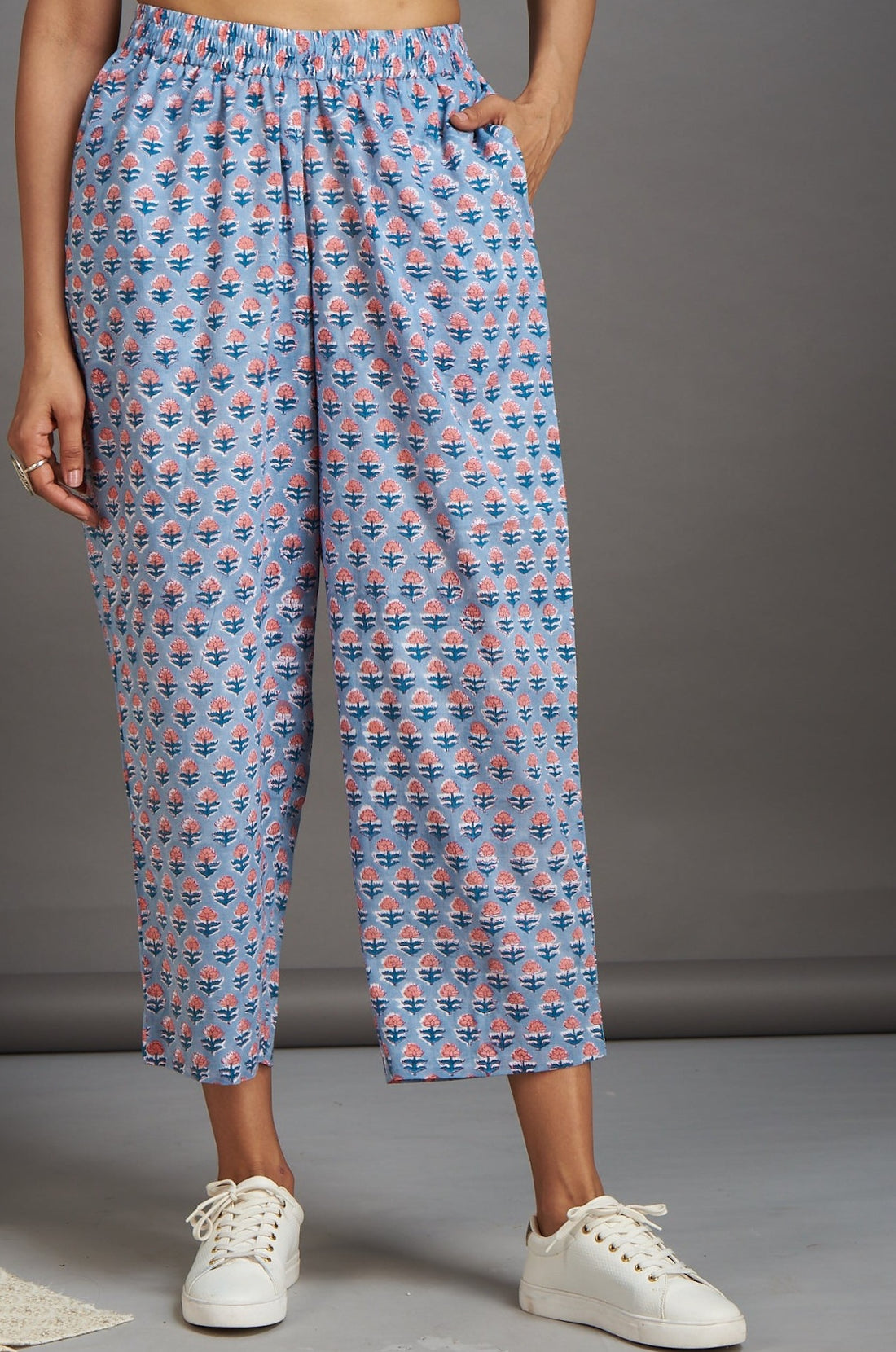 comfort fit ankle length narrow pants  - grey pink buta