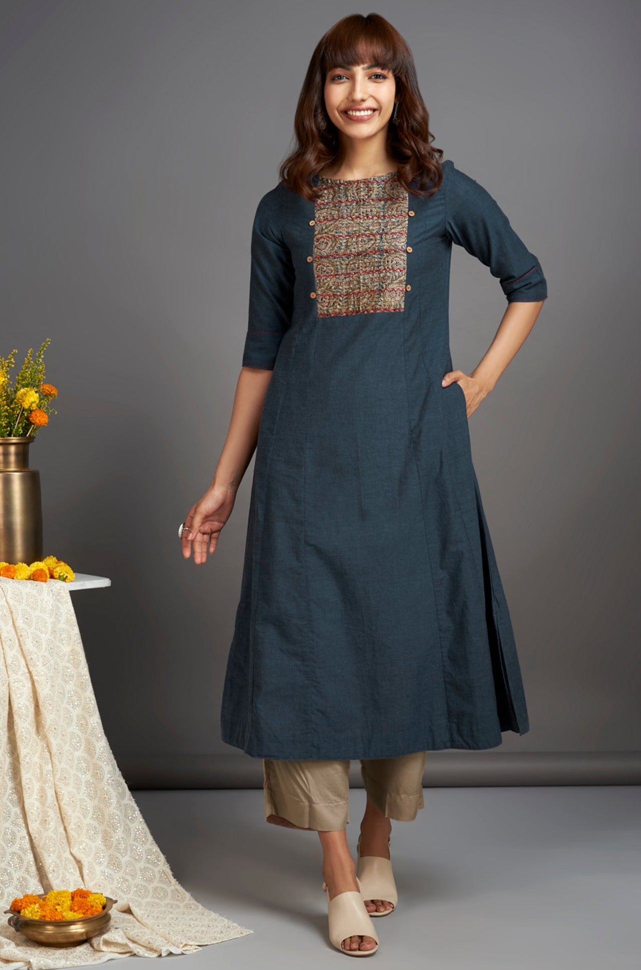 Buy midnight blue hand embroidered pintuck yoke kurta - maati crafts