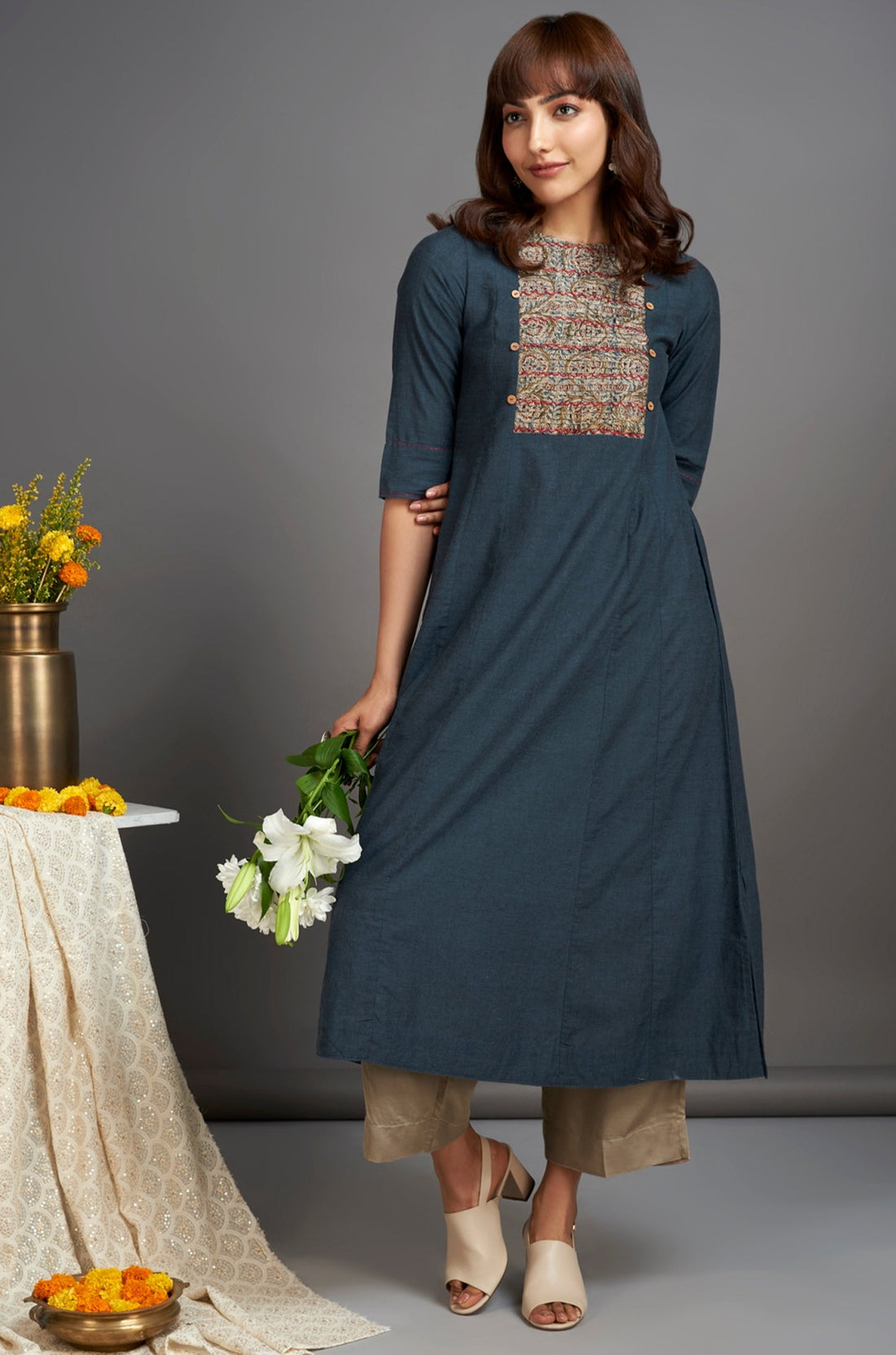 midnight blue hand embroidered pintuck yoke kurta 