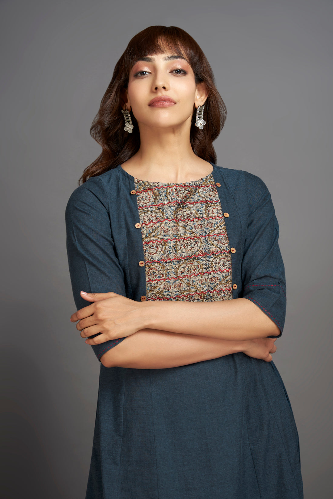midnight blue hand embroidered pintuck yoke kurta 