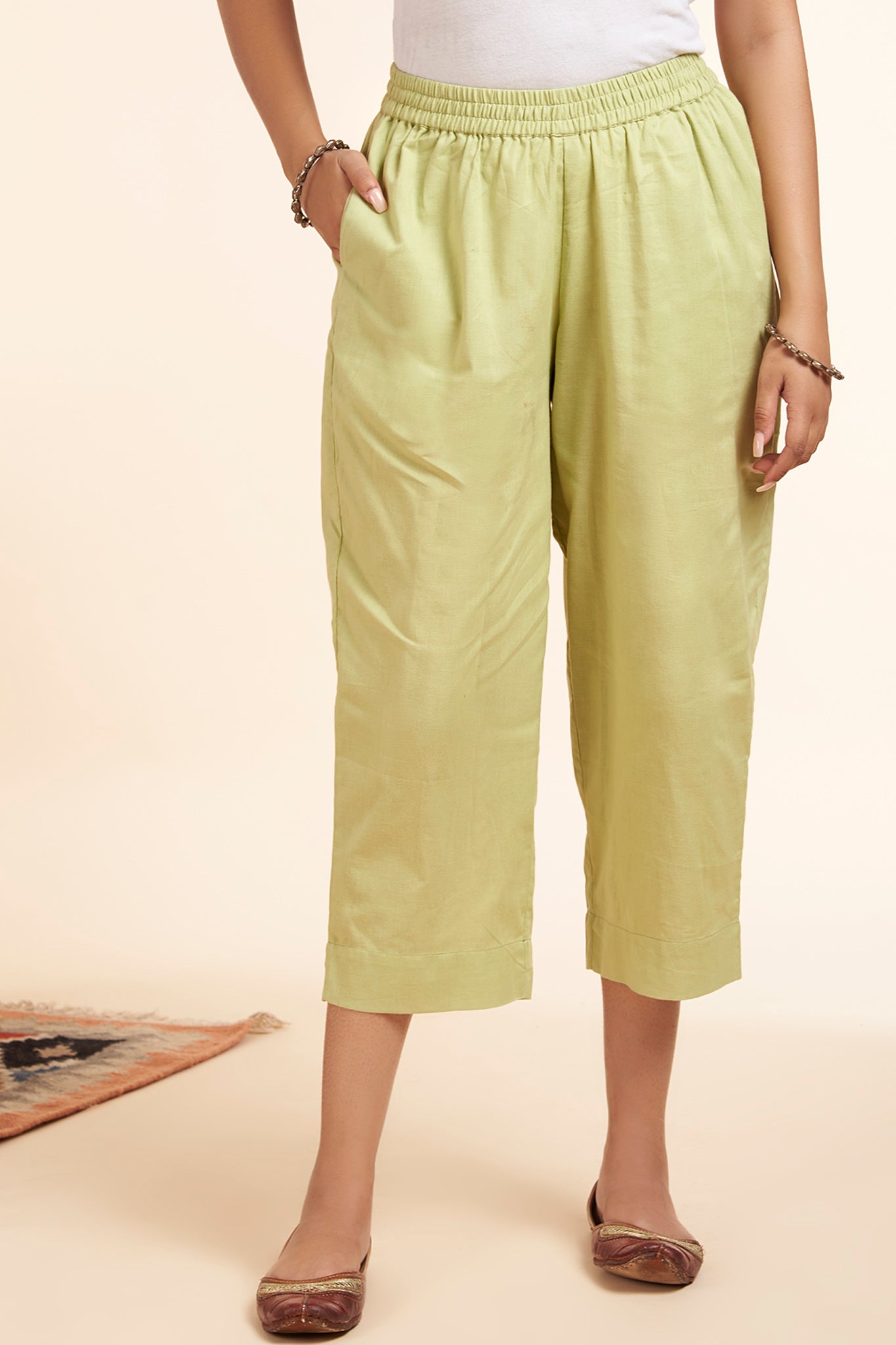 comfort fit ankle length narrow cotton pants - light green - maati