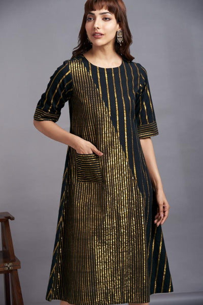 black handwoven cotton dress with gold stripes