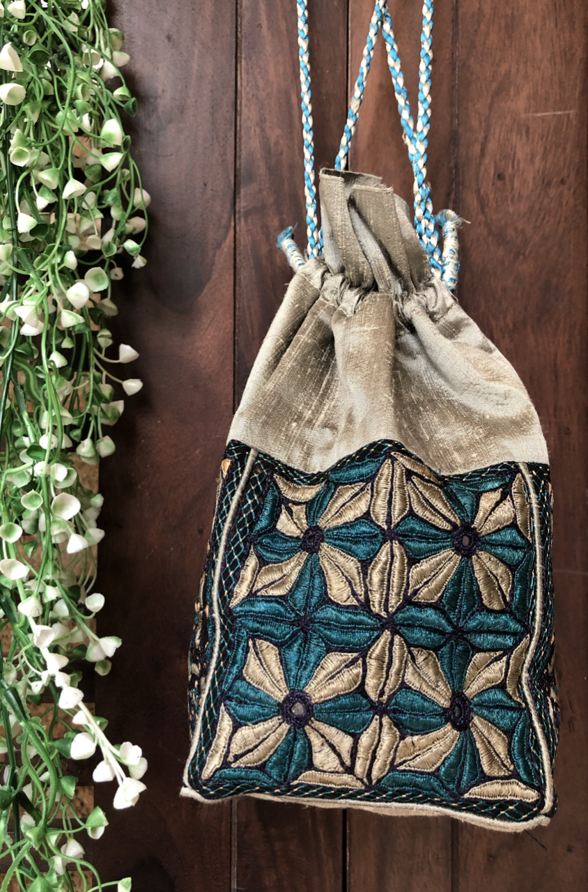 kutchi potli neran silk - silver & teal mirror