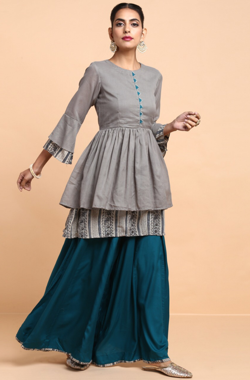 ensemble - peplum top + palazzo - harbor grey & rama green