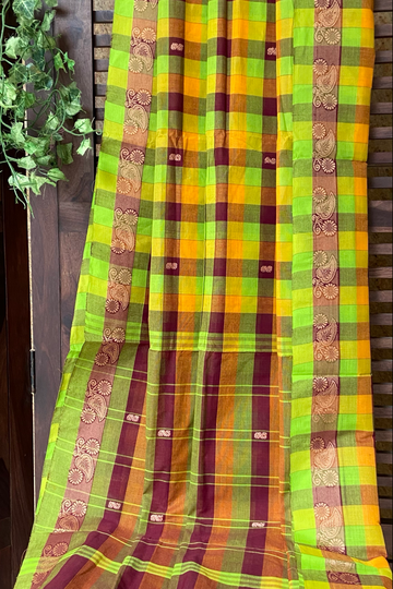 chettinad cotton saree - many checks & green hues