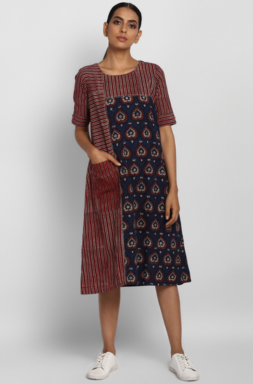 Indigo Red with stripes pocket shift dress