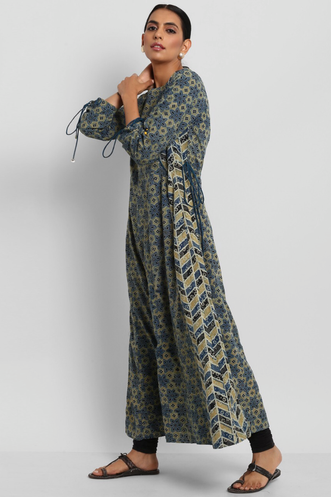 leher anarkali - indigo yellow & phool buttis