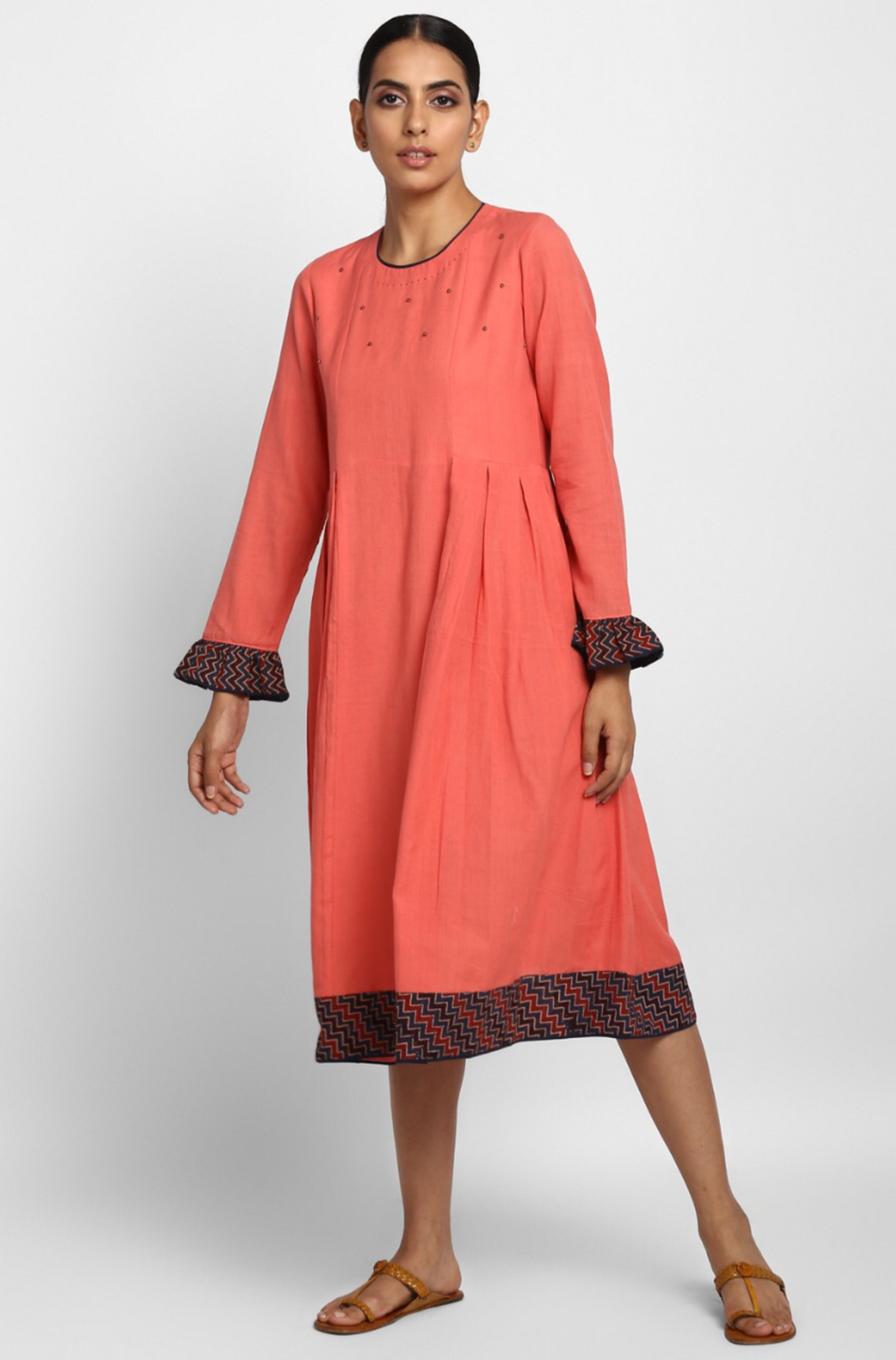 side box pleat dress with ruffle sleeves - coral & indigo ruffles