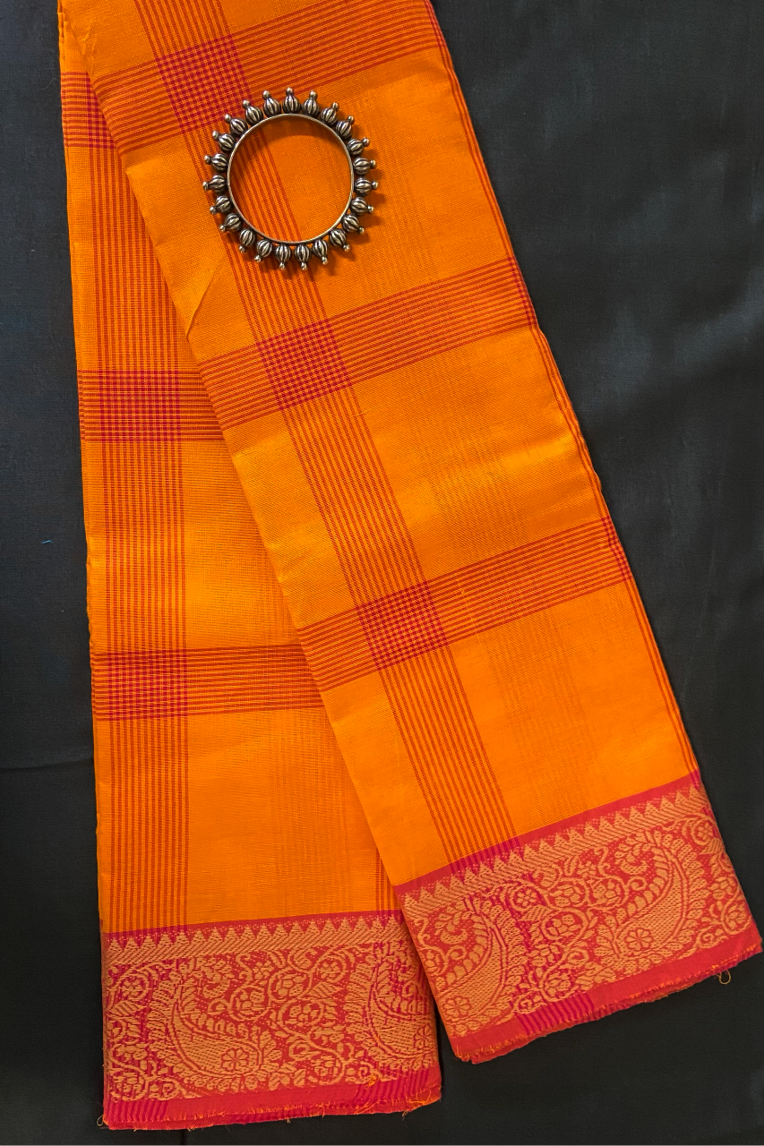 chettinad cotton saree - sunset yellow & big checks