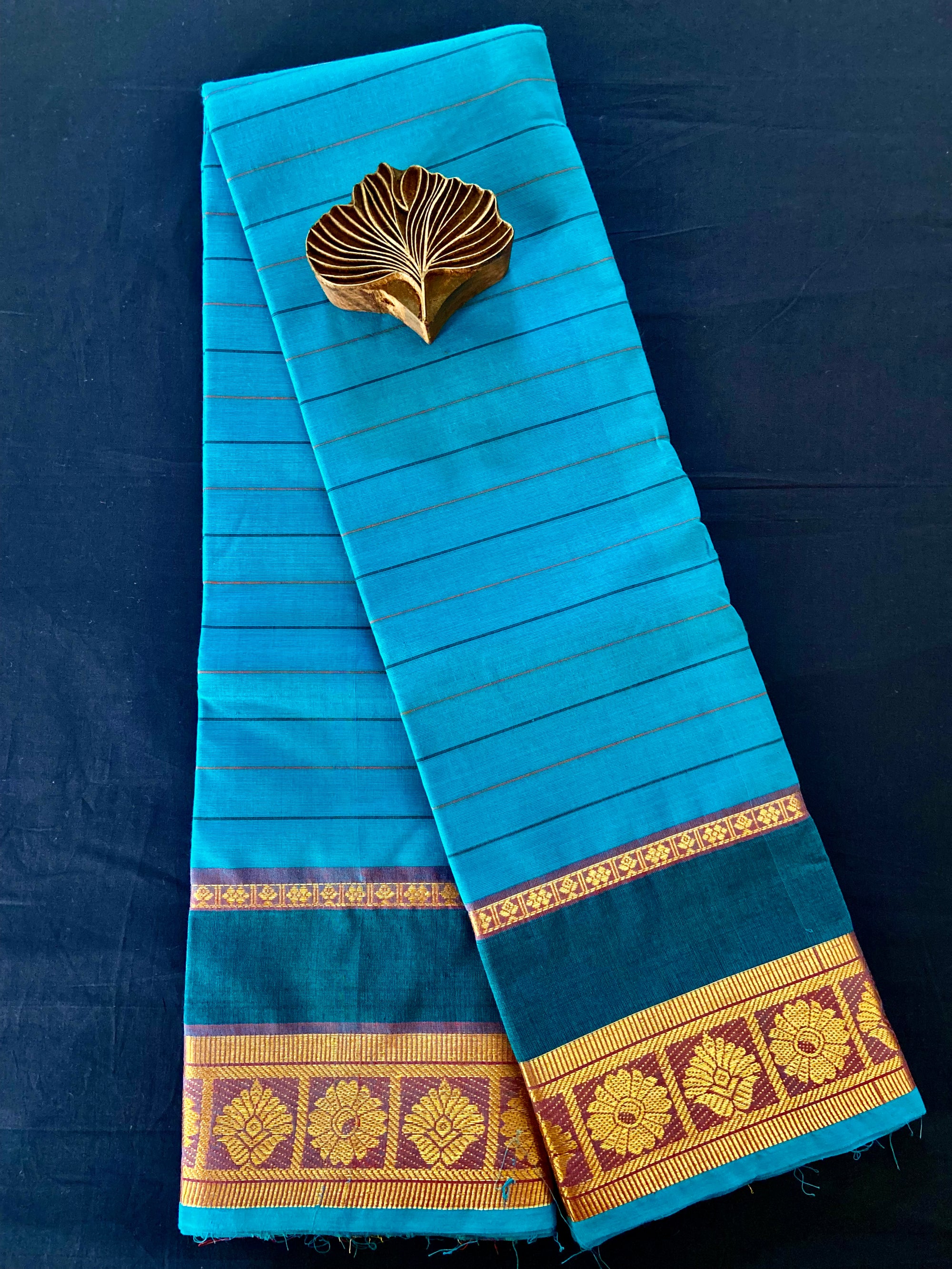 chettinad cotton saree - cerulean stripes & gold border