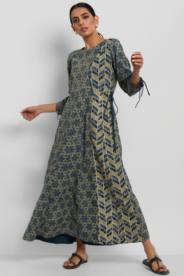 leher anarkali - indigo yellow & phool buttis