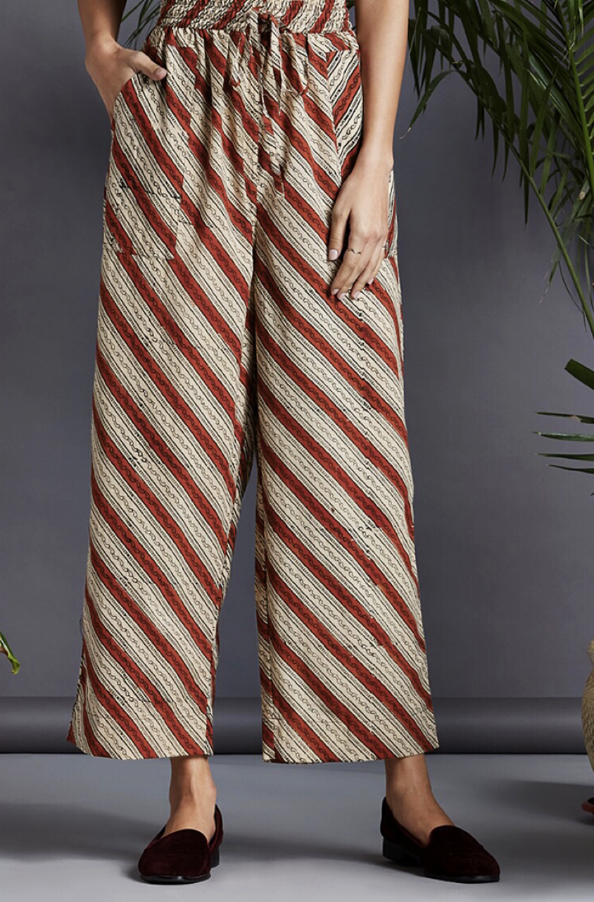 elasticated printed pants - red & biege stripes