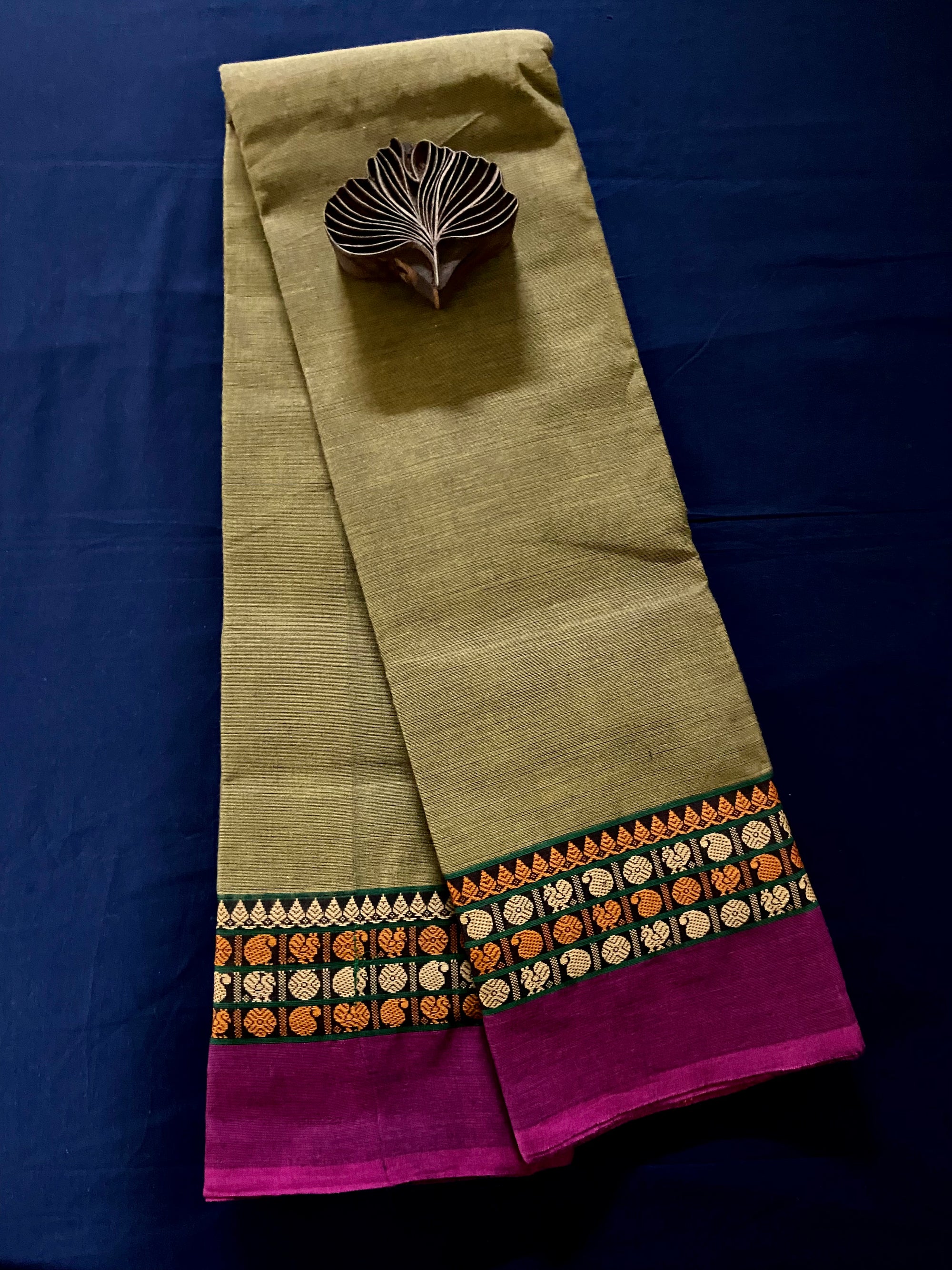chettinad cotton saree - beige dust & purple gold border