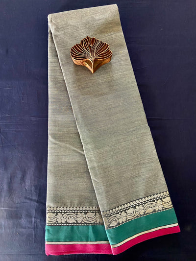 chettinad cotton saree - silver blush & pink border