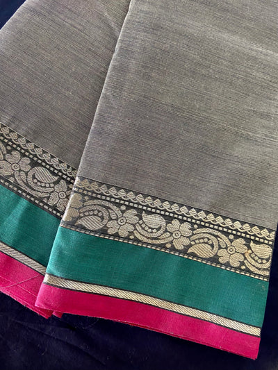 chettinad cotton saree - silver blush & pink border