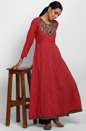 Raspberry pink Anarkali with Black Red Bagru Pintuck Yoke