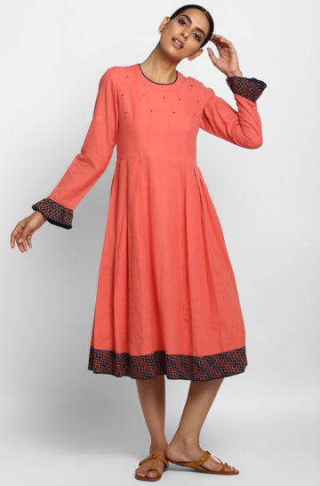 side box pleat dress with ruffle sleeves - coral & indigo ruffles
