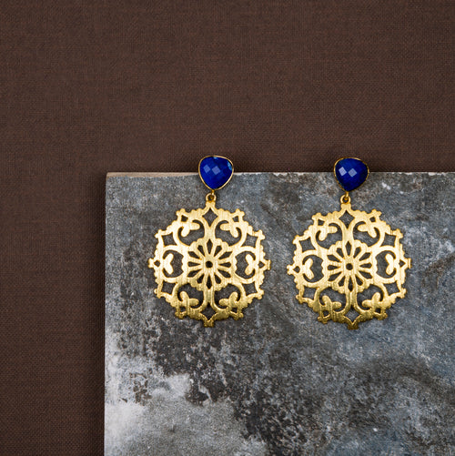 jewelry - berserk - Gold Plated Lapis Carved Drop Danglers