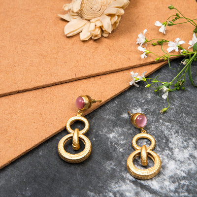 jewelry - berserk - Gold Plated Rose Quartz Double Loop Danglers